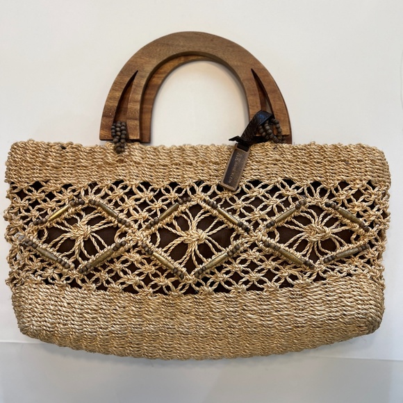 Anne Klein Straw Woven Purse Handbag With Wooden Handles - Picture 1 of 10